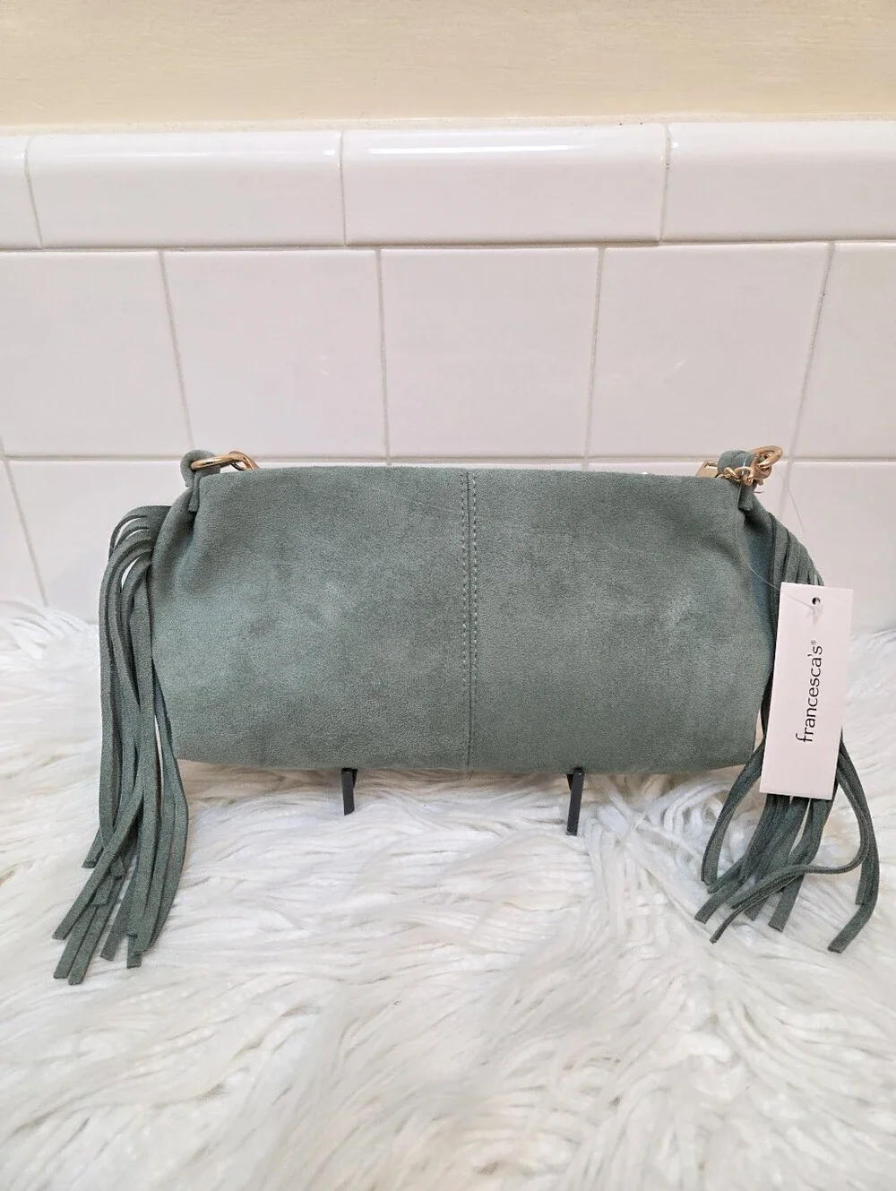 Francesca's Collections Sage Green Faux Suede Fringe Crossbody